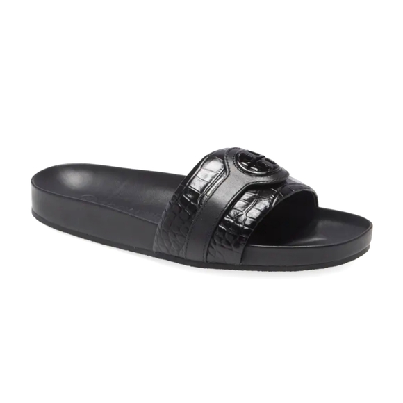 Tory Burch Shoes - Tory Burch Carson Croc Embossed Black Leather Anatomic Slide Sandal